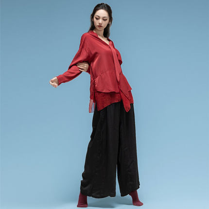 现代宽松舞蹈服衬衫高级飘逸中国舞蹈服红色现代舞新款练功服衬衫
