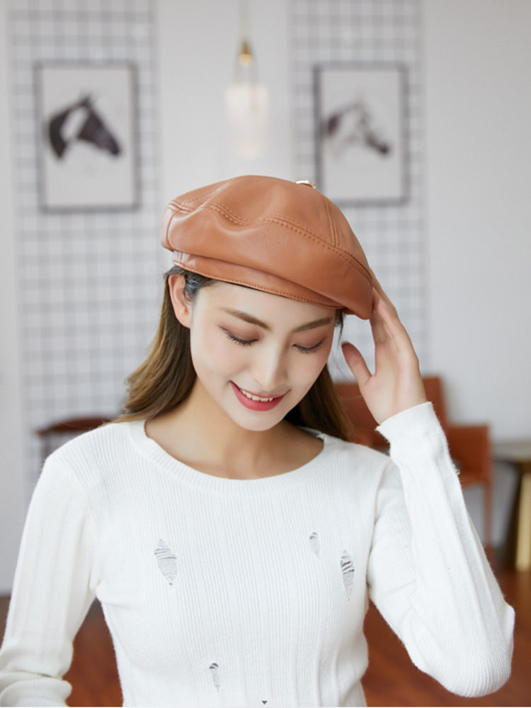 网红款羊皮贝雷帽女韩版百搭休闲真皮帽子复古时尚秋冬画家帽潮流