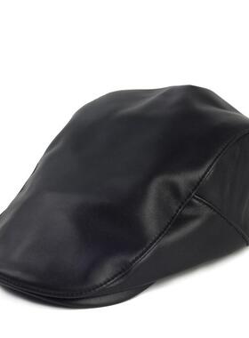 秋冬新款简约复古英伦风纯色羊皮前进帽子女洋气贝雷帽百搭显脸小