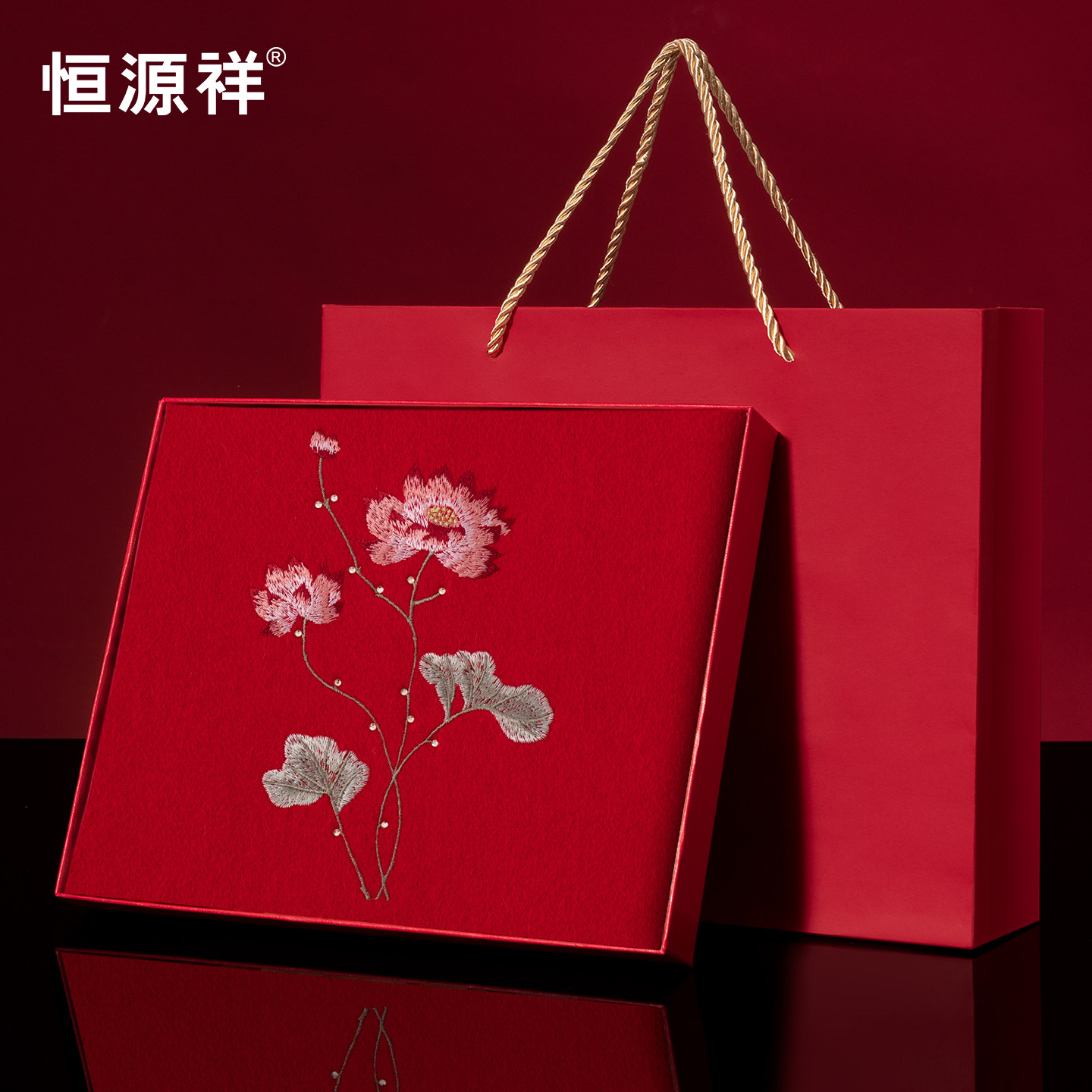 荷韵刺绣红色100%羊毛围巾送长辈