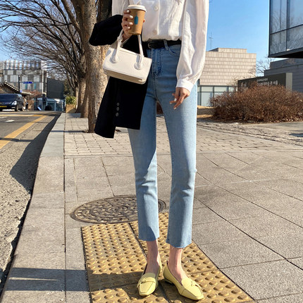 浅色直筒牛仔裤女春秋新款2025年高腰显瘦chic小个子加绒烟管裤子