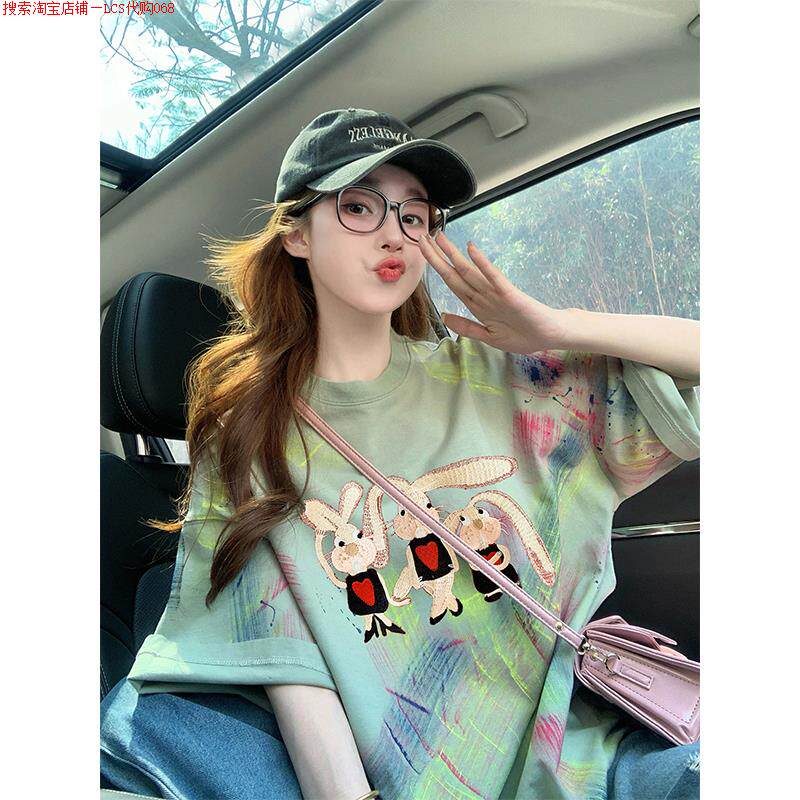 Rouje Dsyle新款夏季oversize美式复古圆领短袖兔子彩色扎染t恤女