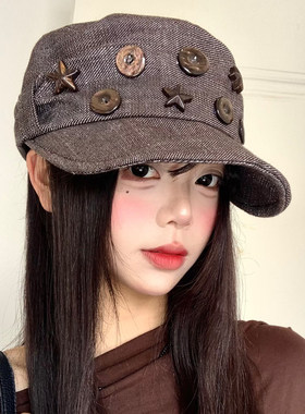 星星纽扣褶皱马术帽女春