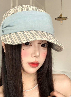 褶皱条纹平顶马术帽女夏