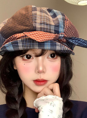 蝴蝶结拼接格纹贝雷帽女