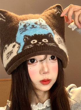 可爱猫咪提花猫耳朵针织