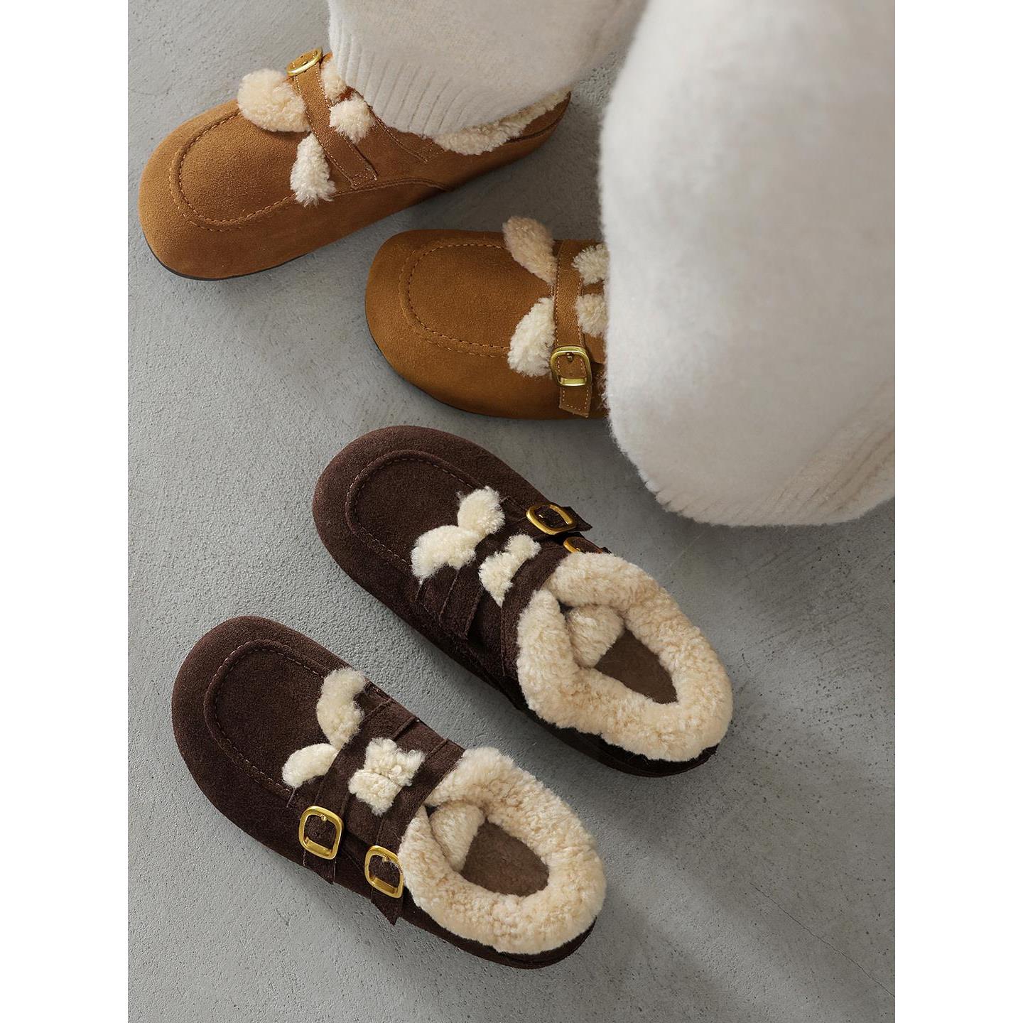 牛翻皮内加绒勃肯鞋女乐福鞋冬季外穿保暖毛毛鞋单鞋