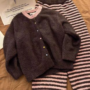 可外穿 加绒加厚半边绒家居服套装 韩系休闲撞色条纹睡衣女冬季 新款