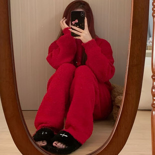 家居服套装 甜美圣诞新年珊瑚绒红色睡衣女冬季 长裤 加厚长袖 冬 新款