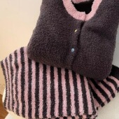 韩系ins少女撞色条纹珊瑚绒睡衣秋冬季 加厚保暖软绵绵家居服套装