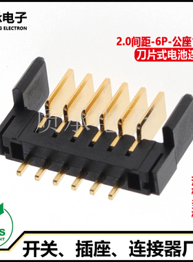 PH2.0间距6PIN刀片式电源电池插座公座180度立式插件电池连接器