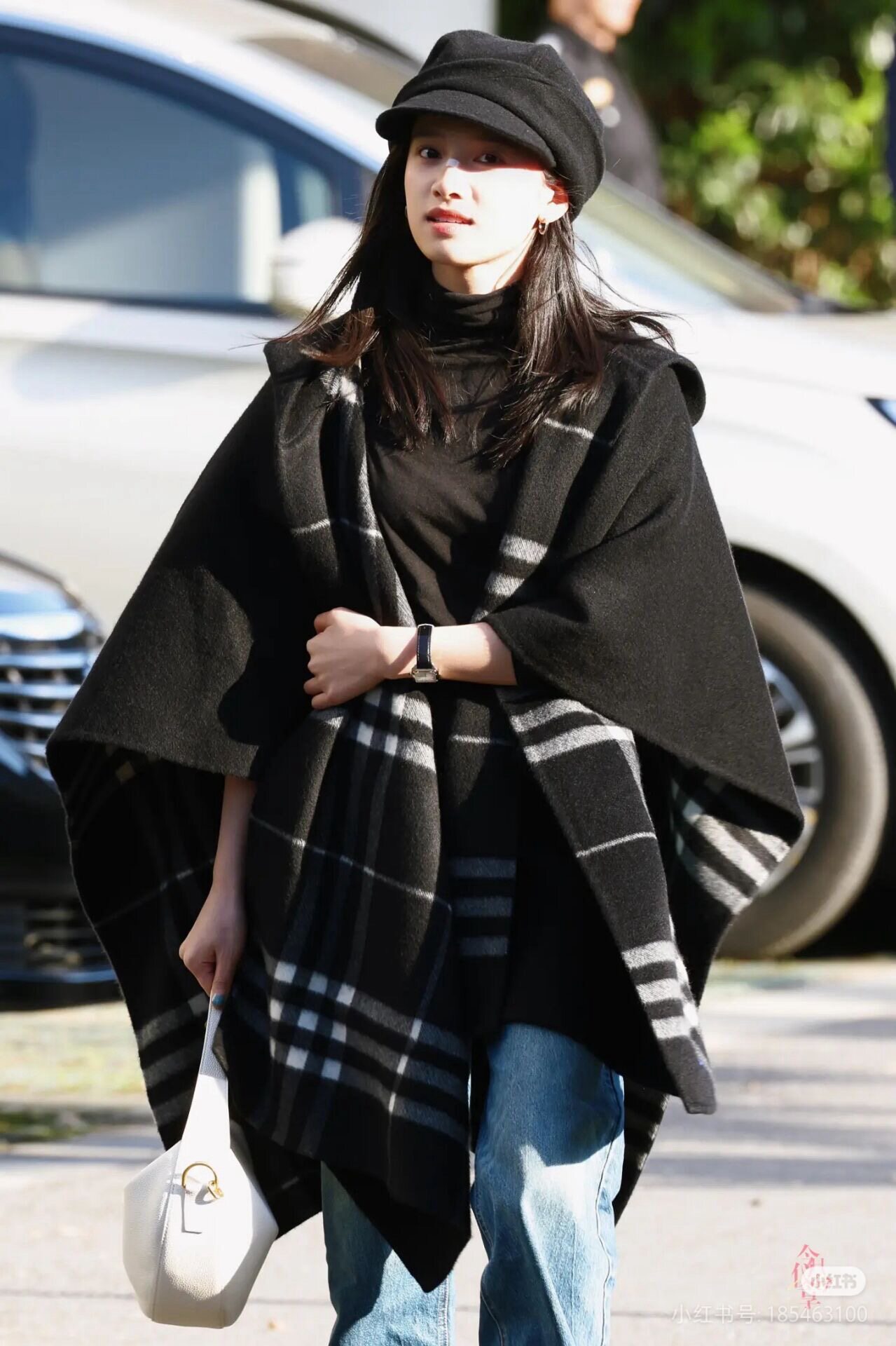 张婧仪同款黑色格纹流苏毛呢斗篷羊毛呢子围巾披肩外套秋冬女