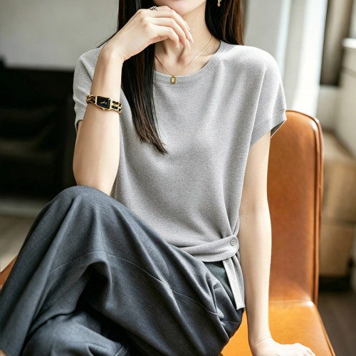 天丝亚麻圆领小飞袖针织衫上衣女款爆款2026新款时尚设计小众衣服