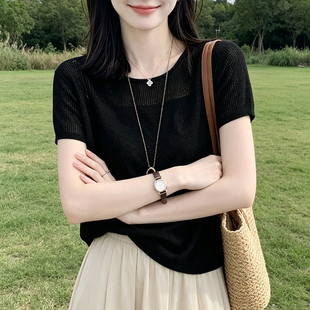 夏季卷边圆领针织衫女款爆款2026新款时尚洋气百搭小飞袖t恤上衣