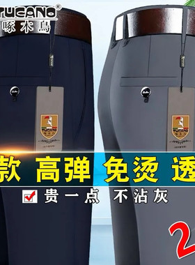 啄木鸟夏季薄款男士休闲裤冰丝垂顺免烫高弹力柔软透气直筒长裤子