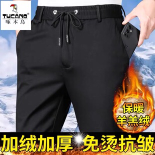 啄木鸟秋冬厚款男士松紧腰休闲裤高弹力加绒直筒长裤宽松中年裤子