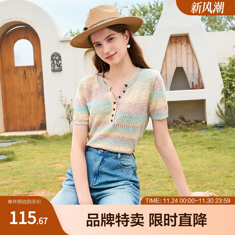 betu百图晕染针织衫夏款彩色条纹撞色晕染显瘦V领短袖针织衫女 - 封面