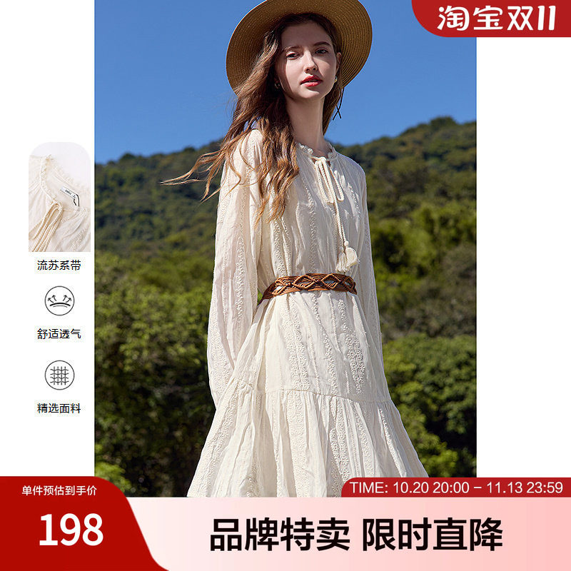 百图高档刺绣连衣裙流苏绑带宽松娃娃版型连衣裙