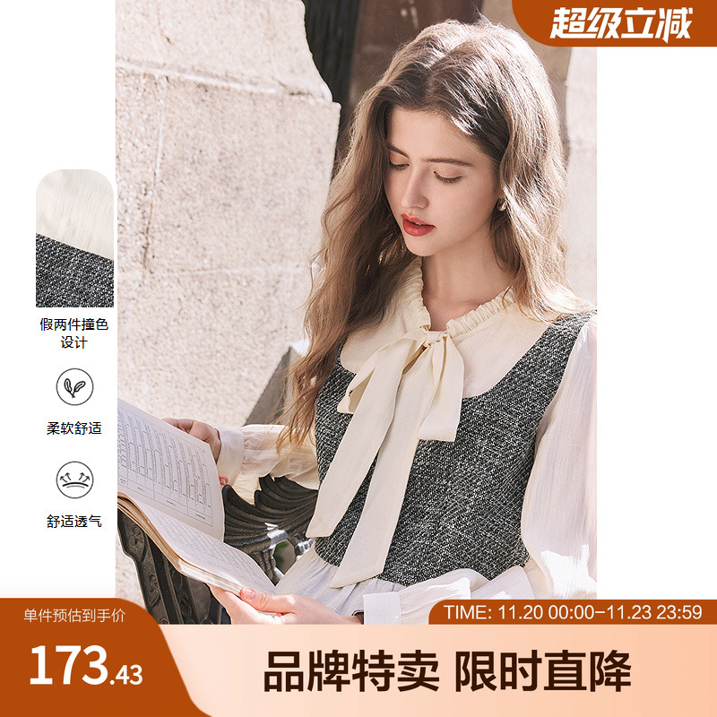 2025百图假两件系带领衬衫撞色荷叶边下摆短款女式衬衫