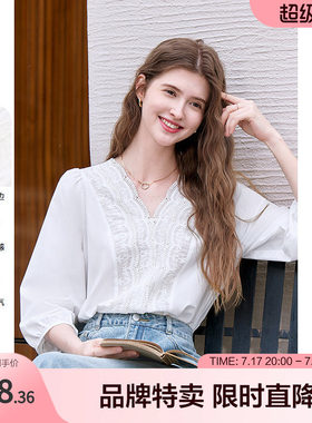 百图蕾丝衬衫蕾丝花边V领七分袖纯色女式衬衫
