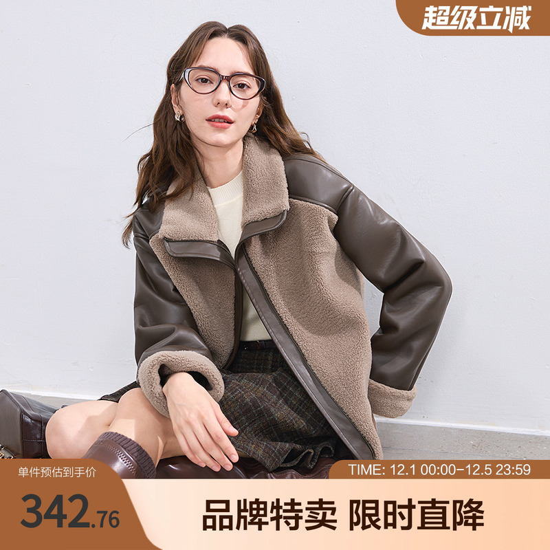 betu百图复古美拉德皮绒加厚外套仿羊羔绒设计感短外套