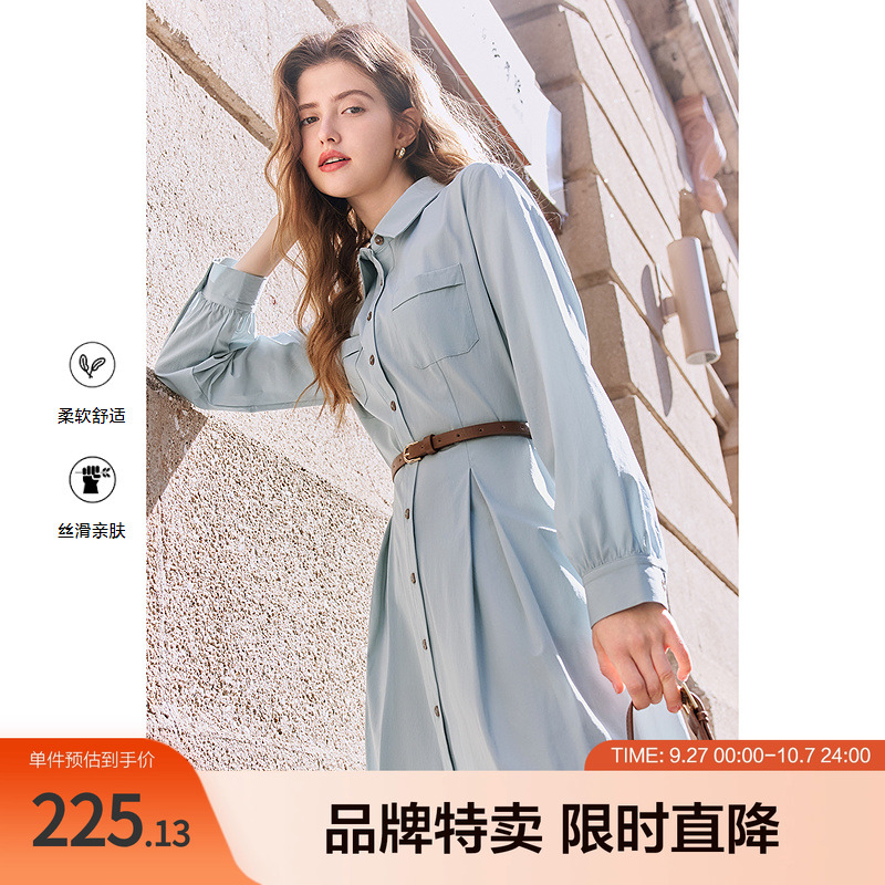 2025百图通勤衬衫裙翻领单排扣收腰中长款连衣裙配腰带