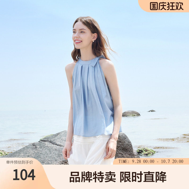 betu百图法式优雅无袖立领蝴蝶结衬衫女装夏季绑带设计感上衣图片