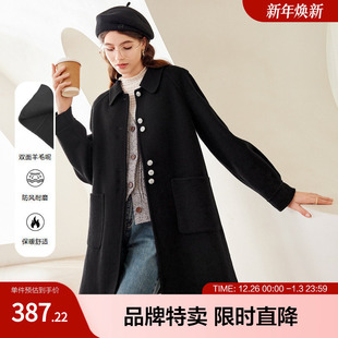 百图betu保暖中长款大衣冬新款时尚翻领羊毛双面呢大衣外套女