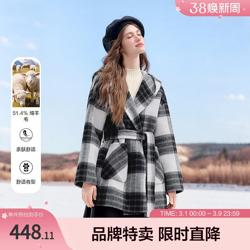 betu百图经典黑白格纹大衣冬季女毛呢外套中长款收腰保暖通勤