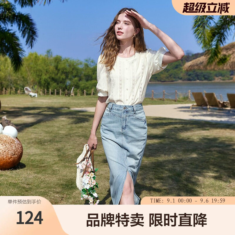 百图气质衬衫镂空蕾丝拼接灯笼袖女式衬衫图片