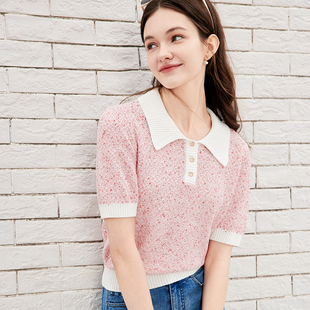女 betu百图撞色POLO衫 夏季 活力粉色拼接翻领短袖 针织衫