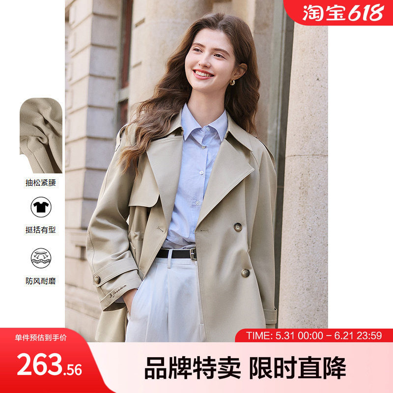 百图抽绳纯色风衣精致字母刺绣袖口翻领女式风衣外套