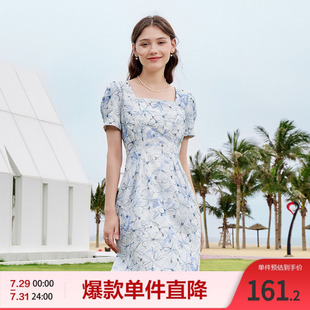 连衣裙子 betu百图夏季 新款 立体绣花高腰法式 方领短袖