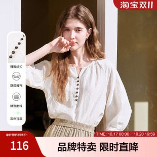 百图betu新款文艺范亚麻衬衫圆领V衩设计七分袖女式衬衫
