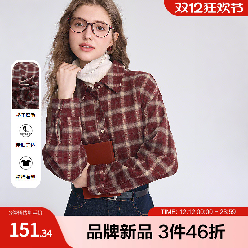betu百图经典格外秋冬长袖红色格子磨毛短款设计感衬衫通勤