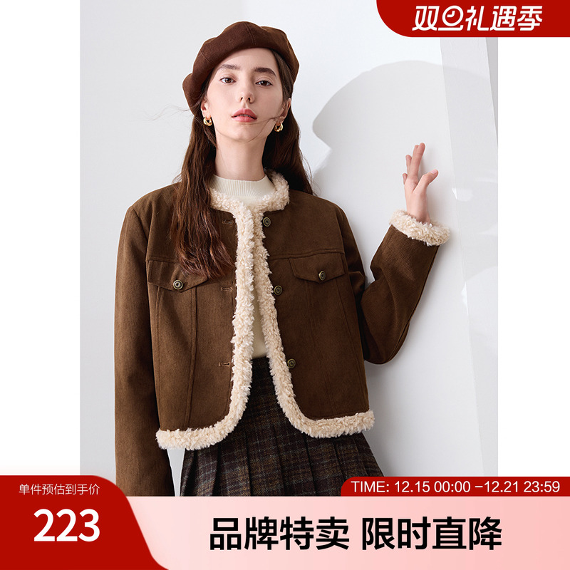 betu百图灯芯绒外套撞色毛边拼接内里夹棉保暖短款外套