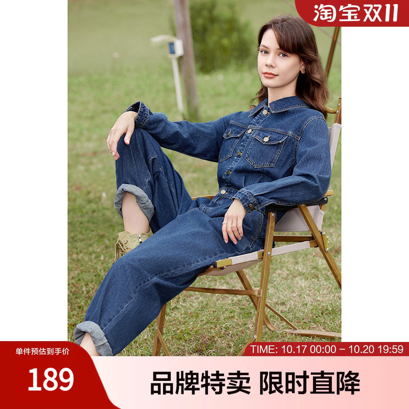 betu百图工装牛仔连体裤春新款酷帅工装长袖阔腿牛仔连体裤女