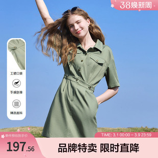 百图betu新款工装口袋连衣裙立体翻领短袖清新军绿色直筒裙