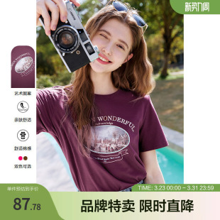 T恤 字母印花上衣圆领短袖 2025百图美式 复古印花T恤时尚