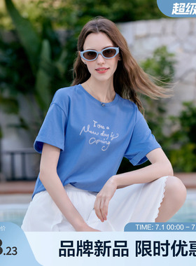 betu百图慵懒风字母短袖天蓝色T恤女2026夏宽松遮肉显瘦