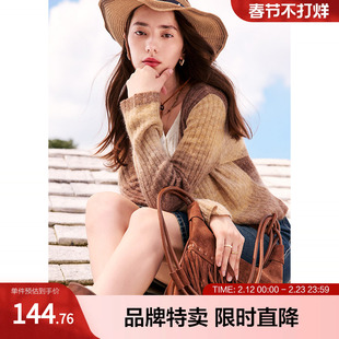 betu百图假两件针织衫款气质V领渐变晕染纱双层真门筒上衣