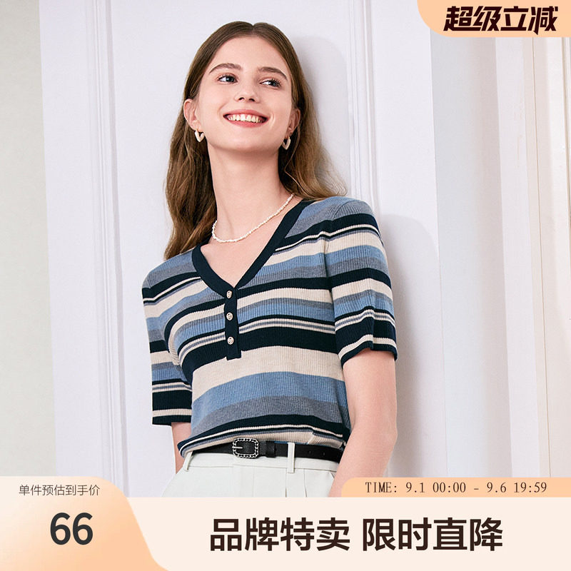 betu百图撞色条纹针织衫款撞色条纹显瘦V领短袖女式针织衫图片