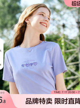 百图女装减龄短袖T恤圆领立体印花短款设计感上衣年夏季新款