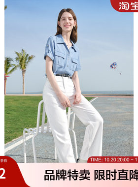 betu百图复古港风牛仔色短款短袖衬衣夏季衬衫女宽松显瘦通勤