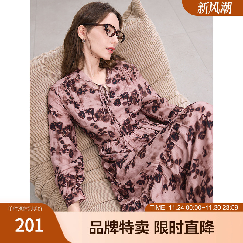 betu百图系带碎花裙优雅烟红碎花裙绒感内里长款连衣裙