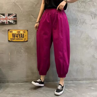 薄款休闲八分裤2025夏季新款棉麻文艺宽松紧腰女士白色哈伦灯笼裤