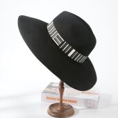 ins网红款 黑色宽檐帽女复古条纹装 饰防晒遮阳帽度假礼帽25120901