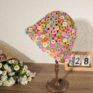 彩虹甜甜圈拉菲草编织帽女手工镂空花朵度假风百搭气质ins风A27