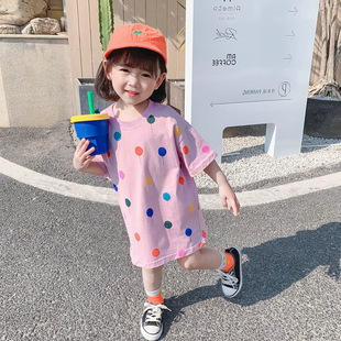 小女孩秋季 女童中长款 宽松中短袖 T恤裙韩版 休闲圆点上衣 儿童夏装