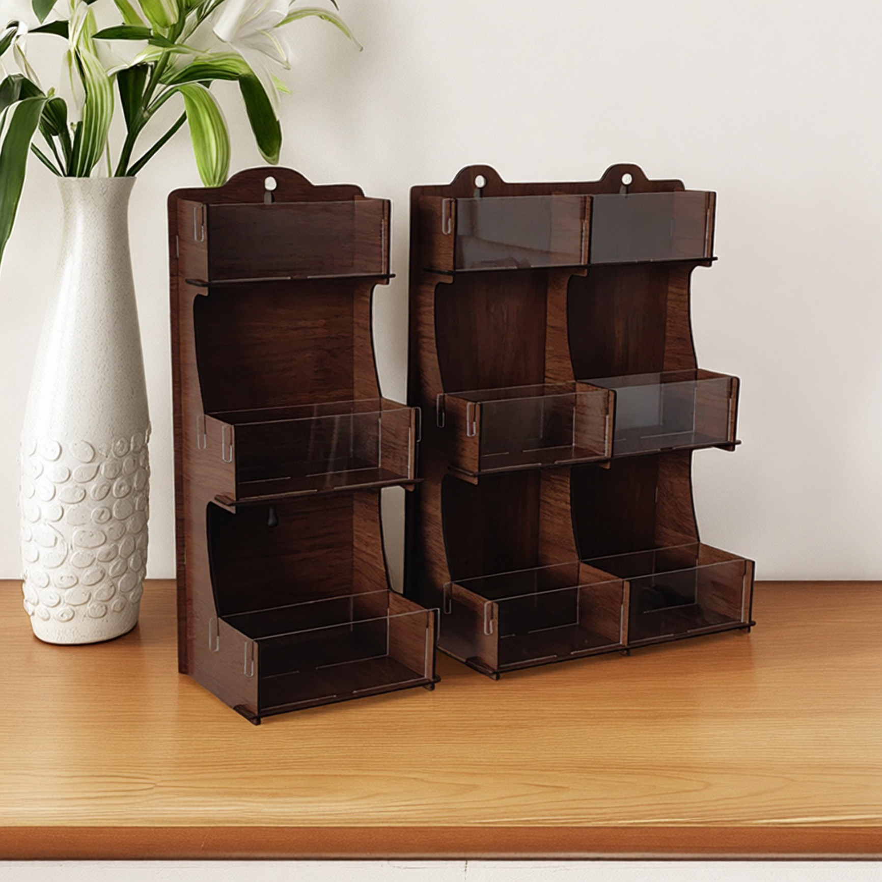 胡桃色木质多格置物架桌面收纳盒壁挂整理化妆品多功能拼接展示架